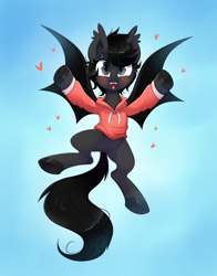Size: 1464x1864 | Tagged: safe, artist:confetticakez, oc, oc:tar puddle, species:bat pony, species:pony, g4, abstract background, clothing, cute, cute little fangs, fangs, female, flying, hoodie, mare, ocbetes, solo