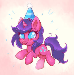 Size: 1139x1148 | Tagged: safe, artist:confetticakez, oc, oc:fizzy pop, species:pony, species:unicorn, g4, abstract background, birthday, blep, chibi, clothing, cute, female, hat, mare, ocbetes, party hat, solo, tongue out