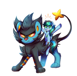 Size: 845x837 | Tagged: safe, artist:confetticakez, oc, oc:kiru, species:pony, g4, arms in the air, crossover, excited, female, jewelry, luxray, mare, necklace, pokémon, riding on back, simple background, white background