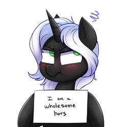 Size: 1588x1724 | Tagged: safe, artist:confetticakez, oc, oc:nethlarion, species:pony, species:unicorn, g4, blushing, cute, irritated, male, scrunchy face, sign, simple background, solo, stallion, transparent background, tsundere