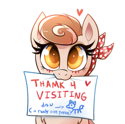 Size: 721x715 | Tagged: safe, artist:confetticakez, oc, oc:cinnamon spangled, species:earth pony, species:pony, g4, bandana, blushing, chest fluff, cute, female, mare, sign, simple background, solo, transparent background, wholesome