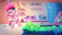 Size: 2560x1440 | Tagged: safe, artist:confetticakez, character:pinkie pie, species:earth pony, species:pony, g4.5, my little pony:pony life, bipedal, biting, bread, cauldron, cute, diapinkes, food, g4.5 to g4, jumping, kitchen, muffin, one eye closed, potion, refrigerator, solo, tongue bite