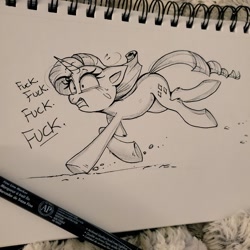 Size: 1024x1024 | Tagged: safe, artist:confetticakez, character:rarity, species:pony, species:unicorn, g4, dialogue, female, fuck, grimace, ink drawing, mare, nervous, pen drawing, running, solo, sweat, traditional art, vulgar