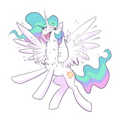Size: 2000x2000 | Tagged: safe, artist:confetticakez, character:princess celestia, species:alicorn, species:pony, g4, cheek fluff, chest fluff, derp, excited, exuberant, female, flapping, flying, irrational exuberance, leg fluff, long neck, majestic as fuck, mare, missing accessory, necc, neck fluff, open mouth, princess necklestia, shitposting, sillestia, silly, silly pony, smiling, solo, spread wings, wat, wide eyes, wing fluff, wings