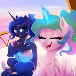 Size: 2000x2000 | Tagged: safe, artist:confetticakez, character:princess celestia, character:princess luna, species:alicorn, species:pony, g4, alternate hairstyle, balcony, bust, chest fluff, coffee, coffee cup, cup, cute, donut, drink, eating, eyes closed, food, high res, leg fluff, magic, magic aura, open mouth, ponytail, royal sisters, sisters, sitting, smiling, starbucks, tea, teacup, wing fluff