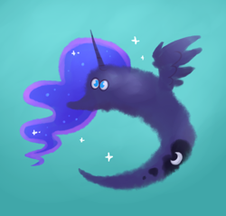 Size: 1480x1417 | Tagged: safe, alternate version, artist:confetticakez, character:princess luna, species:alicorn, species:pony, g4, female, mare, no pupils, simple background, solo, sparkles, species swap, spread wings, teal background, wings, worm on a string