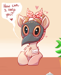 Size: 2042x2510 | Tagged: safe, artist:confetticakez, oc, oc only, oc:cinnamon spangled, species:earth pony, species:pony, g4, bandana, blushing, bow, chest fluff, desk, dialogue, female, heart, mare, mask, name tag, plague doctor mask, plant, secretary, simple background, solo