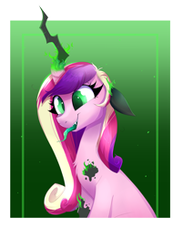 Size: 2316x3052 | Tagged: safe, artist:confetticakez, character:princess cadance, character:queen chrysalis, species:alicorn, species:changeling, species:pony, g4, abstract background, adoracreepy, creepy, cute, disguise, disguised changeling, fake cadance, fangs, female, fire, floppy ears, high res, magic, mare, smiling, solo, tongue out, transformation