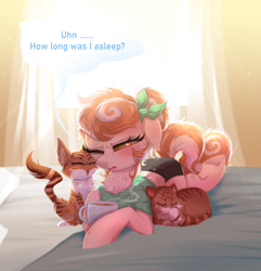 Size: 1720x1786 | Tagged: safe, artist:confetticakez, oc, oc only, oc:cinnamon spangled, species:earth pony, species:pony, g4, alternate hairstyle, backlit, bed, bedroom, blushing, bow, breakfast in bed, cat, clothing, coffee, curtains, female, furrowed brow, mare, messy mane, pajamas, shirt, shorts, solo, squint, t-shirt, underhoof, window
