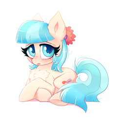 Size: 2269x2285 | Tagged: safe, artist:confetticakez, character:coco pommel, species:earth pony, species:pony, g4, blushing, chest fluff, cocobetes, crossed hooves, cute, female, flower, flower in hair, high res, lying down, mare, missing accessory, shy, simple background, solo, underhoof, white background