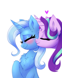 Size: 2400x3000 | Tagged: safe, artist:confetticakez, character:starlight glimmer, character:trixie, species:pony, species:unicorn, ship:startrix, g4, blushing, chest fluff, eyes closed, female, high res, lesbian, mare, shipping, simple background, smiling, smooch, white background