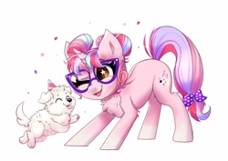 Size: 2337x1653 | Tagged: safe, artist:confetticakez, oc, oc only, oc:puppy party, species:dog, species:pony, species:unicorn, g4, bow, chest fluff, clothing, confetti, cute, female, glasses, hat, mare, ocbetes, one eye closed, party hat, pet, puppy, simple background, tail bow, white background