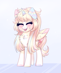 Size: 2045x2441 | Tagged: safe, artist:confetticakez, oc, oc only, oc:princess, species:alicorn, species:pony, g4, chest fluff, colored wings, cute, eyes closed, female, folded wings, mare, multicolored wings, open mouth, pigtails, simple background, solo, wings