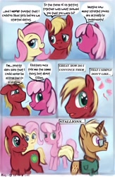 Size: 3311x5082 | Tagged: safe, artist:aponty, character:big mcintosh, character:cheerilee, character:fluttershy, character:trenderhoof, ship:cheerimac, ship:fluttermac, g4, bi-curious, bisexual, bisexuality, cheerimacshy, cheerishy, cheeritrendermacshy, comic, female, floppy ears, frown, gay, implied threesome, lesbian, male, open mouth, shipping, smiling, straight, trendermac, wingding eyes