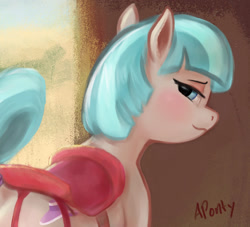 Size: 1796x1628 | Tagged: safe, artist:aponty, character:coco pommel, species:earth pony, species:pony, g4, blushing, cropped, cropped porn, explicit source, female, garters, looking at you, looking back, looking back at you, mare, saddle, solo, tack