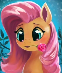 Size: 2972x3523 | Tagged: safe, artist:aponty, character:fluttershy, species:pegasus, species:pony, g4, blushing, bust, cute, female, flower, flower in mouth, lipstick, mare, mouth hold, portrait, redraw, rose, rose in mouth, shyabetes, solo, three quarter view