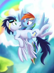 Size: 1024x1402 | Tagged: safe, artist:lattynskit, character:rainbow dash, character:soarin', species:pegasus, species:pony, ship:soarindash, g4, bridal carry, carrying, female, male, mare, shipping, stallion, straight