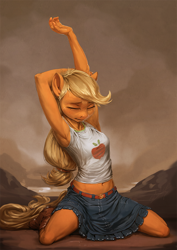Size: 850x1200 | Tagged: safe, artist:assasinmonkey, character:applejack, species:anthro, species:earth pony, species:pony, g4, clothing, female, mare, shirt, skirt, solo, stretching