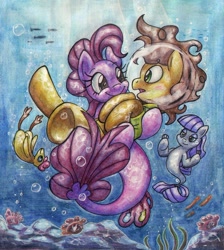 Size: 1024x1141 | Tagged: safe, artist:kannatc, character:cheese sandwich, character:maud pie, character:pinkie pie, species:earth pony, species:pony, species:seapony (g4), ship:cheesepie, g4, bridal carry, carrying, cute, female, male, mare, shipping, species swap, stallion, straight, traditional art, underwater