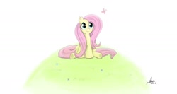 Size: 2000x1063 | Tagged: safe, artist:ncmares, character:fluttershy, species:pegasus, species:pony, g4, animal, butterfly, grass, looking at something, looking up, sitting, solo