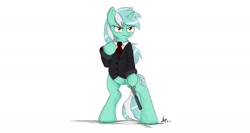Size: 2000x1063 | Tagged: safe, artist:ncmares, character:lyra heartstrings, species:pony, g4, bipedal, clothing, gun, pistol, solo, standing, suit, suppressor, weapon