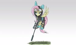 Size: 2000x1189 | Tagged: safe, artist:ncmares, character:fluttershy, species:pegasus, species:pony, g4, badass, bunny ears, clothing, costume, dangerous mission outfit, female, flutterbadass, flutterspy, flying, goggles, gun, hoodie, hooves, knife, mare, optical sight, rifle, sniper, sniper rifle, snipershy, solo, spread wings, suppressor, weapon, wings