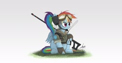 Size: 2000x1050 | Tagged: safe, artist:ncmares, character:rainbow dash, species:pegasus, species:pony, g4, alternate hairstyle, clothing, goggles, gun, headset, jacket, rifle, solo