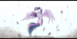 Size: 2250x1156 | Tagged: safe, artist:ncmares, character:twilight sparkle, character:twilight sparkle (alicorn), species:alicorn, species:pony, g4, angry, badass, destruction, female, glowing eyes, magic overload, mare, solo