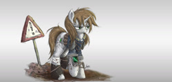 Size: 2000x962 | Tagged: safe, artist:ncmares, oc, oc only, oc:littlepip, species:pony, species:unicorn, fallout equestria, g4, bandage, clothing, fanfic, fanfic art, female, gradient background, hooves, horn, mare, pipbuck, pipleg, sign, solo, vault suit