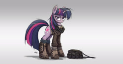 Size: 2500x1307 | Tagged: safe, artist:ncmares, character:twilight sparkle, character:twilight sparkle (unicorn), species:pony, species:unicorn, g4, badass, bag, boots, clothing, dirty, fanfic art, female, jacket, looking at you, mare, necklace, night shift, saddle bag, smirk, solo
