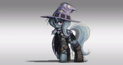 Size: 2500x1328 | Tagged: safe, artist:ncmares, character:trixie, species:pony, species:unicorn, g4, clothing, dirty, fanfic art, female, frown, glare, knife, looking at you, mare, messy mane, night shift, raised hoof, solo, weapon