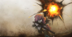 Size: 2500x1292 | Tagged: safe, artist:ncmares, character:sweetie belle, species:pony, g4, augmented, bipedal, clothing, explosion, gun, solo
