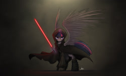 Size: 2625x1590 | Tagged: safe, artist:ncmares, character:twilight sparkle, character:twilight sparkle (alicorn), species:alicorn, species:pony, g4, badass, boots, cloak, clothing, corrupted, corrupted twilight sparkle, crossover, female, glare, hood, lightsaber, magic, mare, palindrome get, robe, sith, solo, spread wings, star wars, telekinesis, twilight is anakin, tyrant sparkle, wings