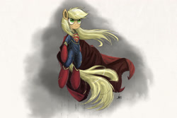 Size: 2500x1670 | Tagged: safe, artist:ncmares, character:applejack, species:earth pony, species:pony, g4, app-el, clothing, costume, crossover, loose hair, simple background, solo, superman, supermare