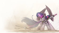 Size: 1920x1080 | Tagged: safe, artist:ncmares, character:twilight sparkle, character:twilight sparkle (alicorn), species:alicorn, species:pony, g4, action pose, angry, badass, epic, female, japanese, kanji, katana, levitation, magic, mare, ninja, solo, sword, telekinesis, translated in the comments, wallpaper, weapon