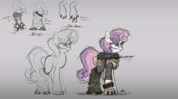 Size: 3000x1671 | Tagged: safe, artist:ncmares, character:sweetie belle, species:pony, species:unicorn, fanfic:night mares, g4, augmented, biohacking, clothing, cyborg, fanfic, fanfic art, female, filly, hooves, horn, simple background, solo
