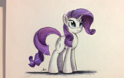 Size: 2000x1258 | Tagged: safe, artist:ncmares, character:rarity, species:pony, species:unicorn, g4, female, mare, signature, simple background, solo, three quarter view, traditional art