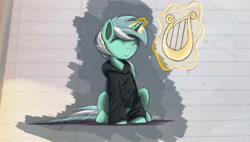 Size: 2000x1132 | Tagged: safe, artist:ncmares, character:lyra heartstrings, species:pony, species:unicorn, fanfic:background pony, g4, clothing, eyes closed, hoodie, lyre, smiling, solo