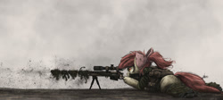 Size: 2000x892 | Tagged: safe, artist:ncmares, character:apple bloom, species:earth pony, species:pony, fanfic:night mares, g4, bipod, camouflage, clothing, cyborg, fanfic, fanfic art, female, filly, foal, gun, hooves, lying down, optical sight, prone, rifle, shooting, sniper, sniper rifle, solo, weapon