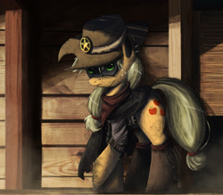 Size: 1500x1311 | Tagged: safe, artist:ncmares, character:applejack, species:earth pony, species:pony, g4, armor piercing stare, badass, clothing, sheriff, sheriffjack, solo, western