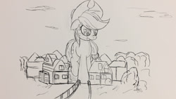 Size: 2000x1125 | Tagged: safe, artist:ncmares, character:applejack, species:earth pony, species:pony, g4, giant pony, macro, monochrome, nose wrinkle, ponyville, scrunchy face, sketch, solo, stuck, traditional art