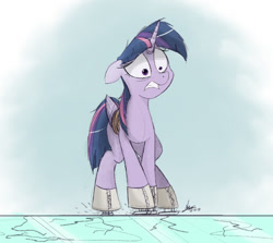 Size: 1200x1071 | Tagged: safe, artist:ncmares, character:twilight sparkle, character:twilight sparkle (alicorn), species:alicorn, species:pony, g4, bound wings, cracked, female, gritted teeth, ice, ice skates, ice skating, mare, rope, scared, solo, this will end in tears, wide eyes, wings