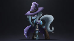 Size: 2371x1334 | Tagged: safe, artist:ncmares, character:trixie, species:pony, species:unicorn, g4, boots, cape, clothing, dirty, fanfic art, female, glare, hat, knife, looking at you, mare, necklace, night shift, smirk, solo, trixie's cape, trixie's hat, weapon