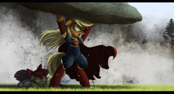 Size: 2500x1353 | Tagged: safe, artist:ncmares, character:apple bloom, character:applejack, character:sweetie belle, species:pony, g4, app-el, badass, bipedal, carrying, cowering, crying, floppy ears, glare, hilarious in hindsight, lifting, messy mane, one eye closed, open mouth, prone, rock, strong, stronk, superman, supermare, wide eyes, wink