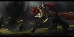 Size: 2500x1246 | Tagged: safe, artist:ncmares, character:apple bloom, species:earth pony, species:pony, fanfic:night mares, g4, angry, augmented, battle cry, bipedal, cyborg, female, filly, gun, hooves, open mouth, optical sight, rifle, rock, running, scope, shooting, sniper, sniper rifle, solo, teeth, war, weapon