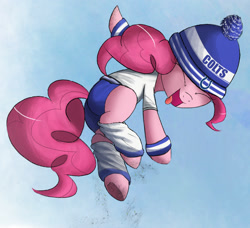 Size: 1500x1368 | Tagged: safe, artist:ncmares, part of a set, character:pinkie pie, species:earth pony, species:pony, g4, american football, beanie, clothing, hat, indianapolis colts, leg warmers, nfl, open mouth, plot, solo, super bowl, super bowl xlix, sweatband, tongue out
