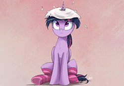 Size: 2000x1397 | Tagged: safe, artist:ncmares, character:twilight sparkle, character:twilight sparkle (alicorn), species:alicorn, species:pony, g4, clothing, feather, female, frown, horn impalement, looking up, mare, messy mane, pillow, pillow hat, sitting, socks, solo, striped socks, underhoof, wide eyes