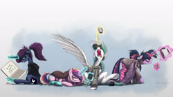 Size: 2500x1407 | Tagged: safe, artist:ncmares, character:princess cadance, character:princess celestia, character:princess luna, character:twilight sparkle, character:twilight sparkle (alicorn), species:alicorn, species:pony, luna-afterdark, g4, alicorn tetrarchy, alternate hairstyle, angry, annoyed, ask majesty incarnate, bags under eyes, bed mane, blanket, clothing, coffee, donut, female, floppy ears, frown, glare, gritted teeth, grumpy, hoodie, imminent murder, looking back, lying down, magic, majestic as fuck, mare, morning ponies, open mouth, prone, royal sisters, scrunchy face, sitting, socks, spread wings, striped socks, telekinesis, tired, wings