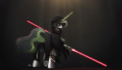 Size: 2500x1440 | Tagged: safe, artist:ncmares, character:princess celestia, species:alicorn, species:pony, g4, badass, cloak, clothing, colored, crossover, dual wield, frown, glare, hood, jar'kai, lightsaber, looking at you, looking back, magic, raised leg, sith, solo, star wars, telekinesis, underhoof, warrior celestia, weapon