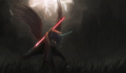 Size: 2500x1462 | Tagged: safe, artist:ncmares, character:princess cadance, species:pony, g4, canterlot, cloak, clothing, crossover, epic, glare, lightning, lightsaber, magic, rain, sith, snorting, solo, spread wings, star wars, telekinesis, wings